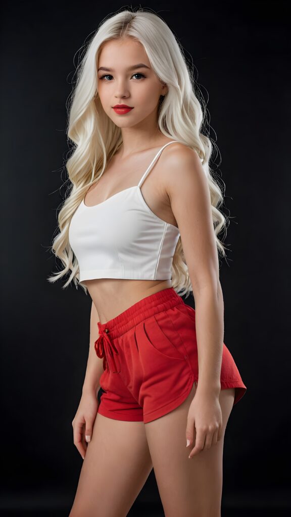 a (((professional photograph))) featuring a (((very beautiful and detailed photo of a cute, pretty, stunning, girl model, 14 years old))) with a ((white very long jet hair)) and ((white crop top)), paired with (((red shorts))), ((full lips)), and a ((beautiful face)), captured in a (((side view))), with a (14-year-old version of the girl) standing confidently out of a (black background) that exudes an air of sophistication and clarity at an 8K resolution