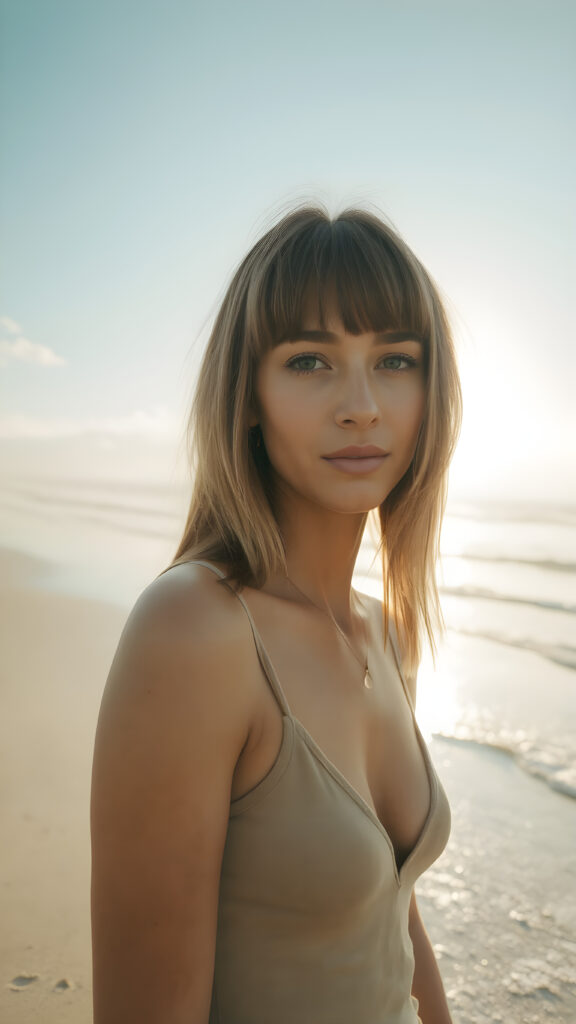 a (((professional ultra high resolution photograph))) featuring a tanned with warm highlights and soft hazelnut long straight hair with bangs that gently frame her face, she wears a deep v-neck thin tank top. The sun is rising behind her on a lonely beach with a small waves gently crashing along the shore as the morning mist is still on the ocean surface with the warm light from the early morning sun beaming on her face as she gazes out towards the camera under a clear blue sky with a cloudy day turning into a sunny one