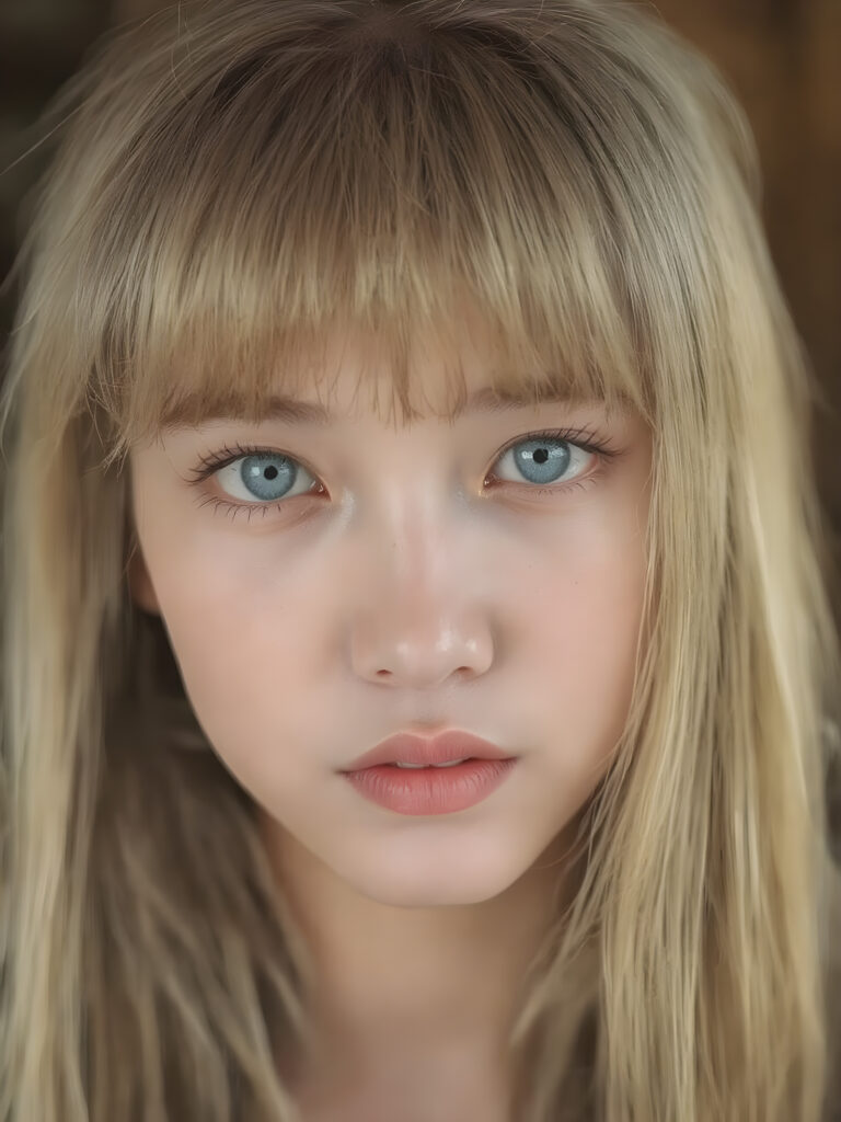 a (((professional photograph))) in a (((highly detailed ultra realistic side view))), with a (((Japanese teen girl))) who has (((long, incredibly soft and flowing straight blond hair))), bangs and (((brightly shining, deeply set blue eyes))), as she gently gazes into the camera. Her face exudes an air of (astonishment) at the camera’s focus, which captures her perfectly serene yet inviting features. Her (((full red lips))) are softly painted in a (((trending shade of pink))), providing a breathtakingly realistic portrait that embodies the essence of a (((high-resolution masterpiece))). Perfect anatomy. Perfect light. Sunny. Warm colors. Soft shadows.