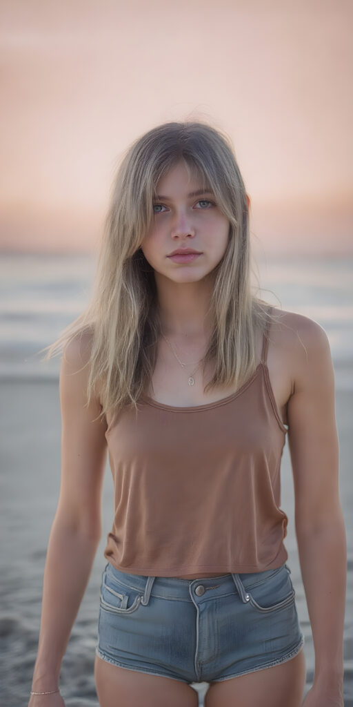 a (((professional ultra high resolution photograph))) capturing a (((vividly drawn soft hazelnut blonde teen emo girl))) with ((long, straight shoulder-length hair)) that gently frames her face, contrasting against her naturalistic freckles and delicate ((softly glowing skin)), accessorized with a sleek and minimalist ((brown silk tank top)) that emphasizes her youthful energy, paired with jean shorts and (holographic) sandal highlights, posed in a (((full-body shot))) with a playful glow to her sun-kissed complexion, accompanied by a (sunrise backdrop) on a (lonely beach), illustrating a youthful summer day in a dreamy, (hyper-realistic) setting