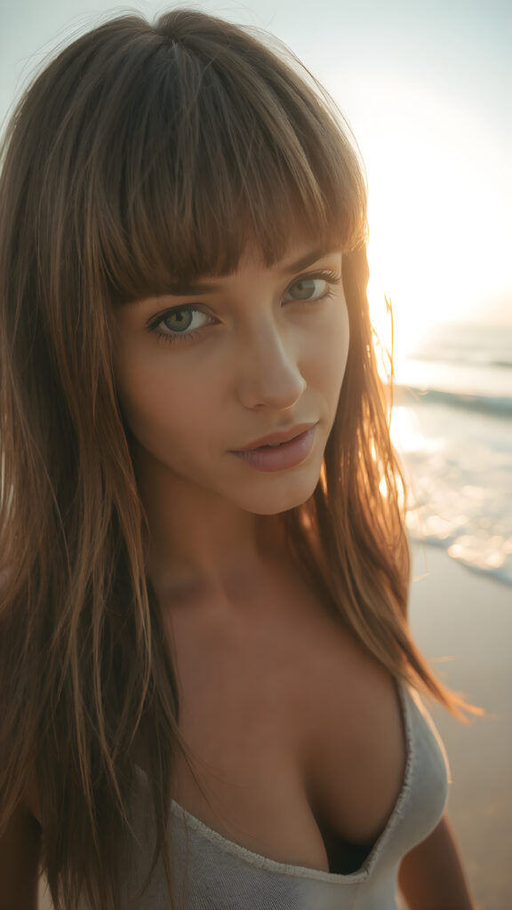 a (((professional ultra high resolution photograph))) featuring a tanned with warm highlights and soft hazelnut long straight hair with bangs that gently frame her face, she wears a deep v-neck thin tank top. The sun is rising behind her on a lonely beach with a small waves gently crashing along the shore as the morning mist is still on the ocean surface with the warm light from the early morning sun beaming on her face as she gazes out towards the camera under a clear blue sky with a cloudy day turning into a sunny one