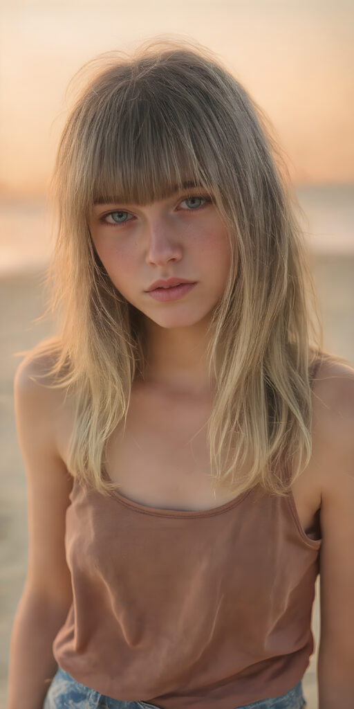 a (((professional ultra high resolution photograph))) capturing a (((vividly drawn soft hazelnut blonde teen emo girl))) with ((long, straight shoulder-length hair)) that gently frames her face, contrasting against her naturalistic freckles and delicate ((softly glowing skin)), accessorized with a sleek and minimalist ((brown silk tank top)) that emphasizes her youthful energy, paired with jean shorts and (holographic) sandal highlights, posed in a (((full-body shot))) with a playful glow to her sun-kissed complexion, accompanied by a (sunrise backdrop) on a (lonely beach), illustrating a youthful summer day in a dreamy, (hyper-realistic) setting