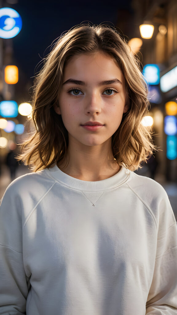 a (((professional ultra high resolution photograph))) capturing a (((beautiful young Europe teen girl, 13 years old))) with a sleek, ((straight, mid-length hair style)) that softly curls around her face, and ((realistic looking eyes)) that give off a (bright, warm glow). She's clad in a ((sexy plain white sweatshirt)) that perfectly complements her flawless skin. The setting is a (softly backlit) one that focuses on her face, with the light shining out from behind her. The overall atmosphere is both whimsically detailed and highly detailed, evoking an (ultra realistic, cinematic aesthetic) that is both (softly detailed and vividly colorful).