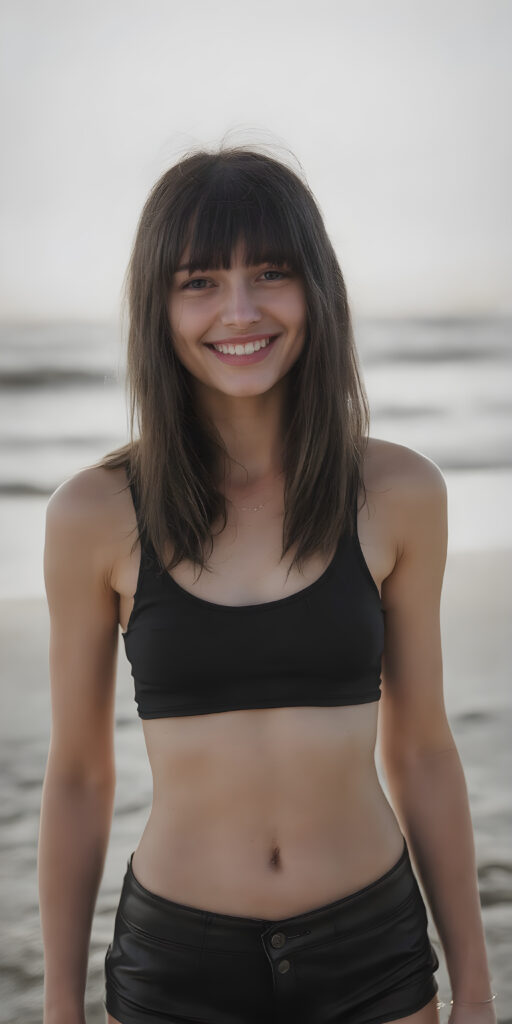 a (((professional high-resolution black and white photograph))), capturing a (((teen emo girl))) with straight soft black shoulder-length hair framing her face in gentle bangs, standing on a (((lonely beach))) as the sun rises behind her, creating a warm glow that casts a soft light on her and the surrounding landscape. Her attire is a ((thin tank top)) with soft, ((Black leather shorts)), showcasing her full body elegantly and emphasizing her ((skinny, yet muscular and lean figure)) in a ((vibrant, happy and animated pose)) with her ((cheerful smile)) and ((slightly windblown hair)), under a ((low-key, vibrant and cinematic lighting concept))