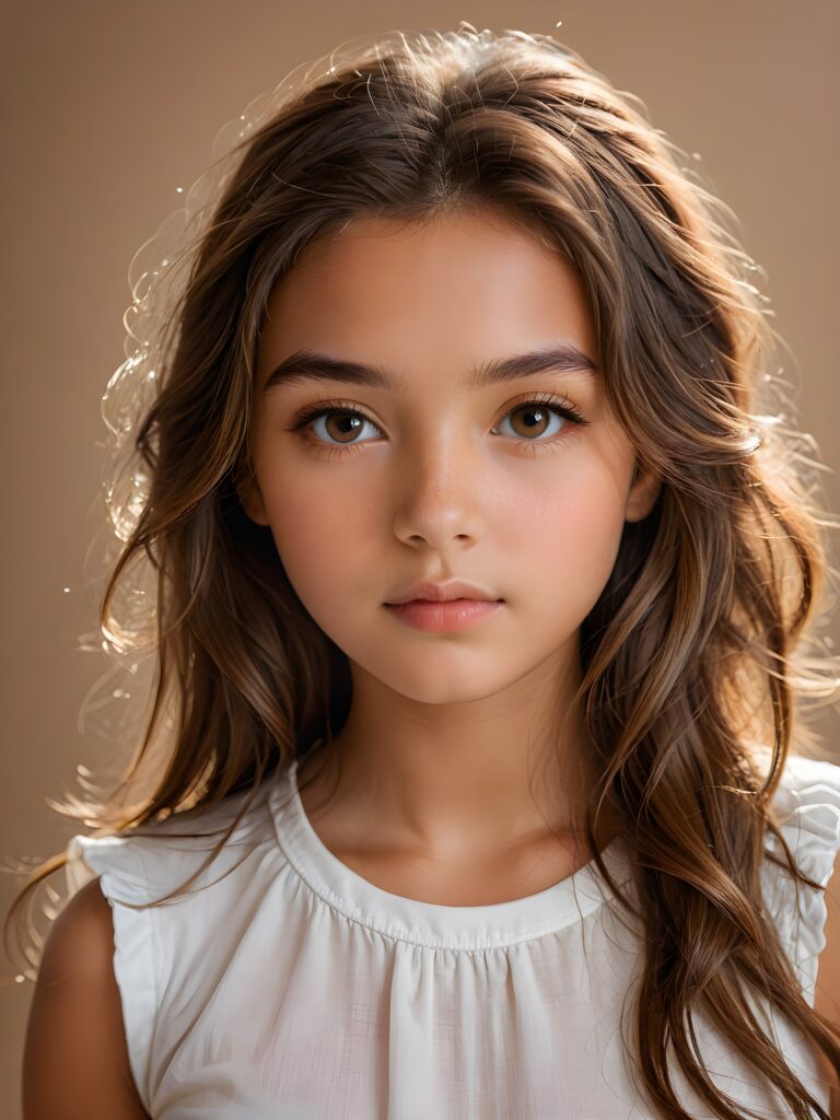 a (((professional photograph))) featuring a tanned young girl with a (serious expression) around her eyes, long wavy brown hair, with a focus on ultra-high detail and a dimmed, diffused light source that highlights her features while casting a soft, warm glow across the scene