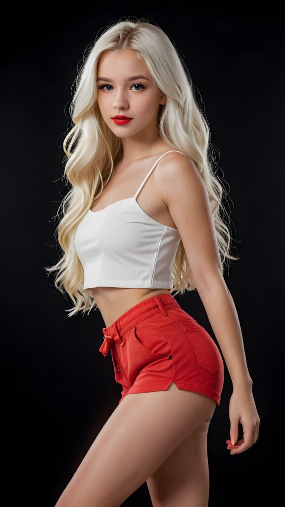 a (((professional photograph))) featuring a (((very beautiful and detailed photo of a cute, pretty, stunning, girl model, 14 years old))) with a ((white very long jet hair)) and ((white crop top)), paired with (((red shorts))), ((full lips)), and a ((beautiful face)), captured in a (((side view))), with a (14-year-old version of the girl) standing confidently out of a (black background) that exudes an air of sophistication and clarity at an 8K resolution