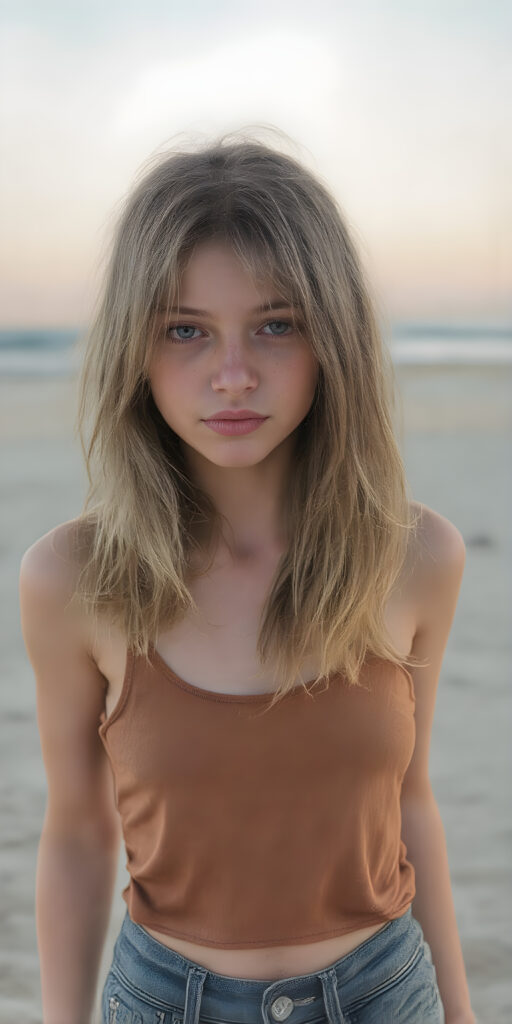 a (((professional ultra high resolution photograph))) capturing a (((vividly drawn soft hazelnut blonde teen emo girl))) with ((long, straight shoulder-length hair)) that gently frames her face, contrasting against her naturalistic freckles and delicate ((softly glowing skin)), accessorized with a sleek and minimalist ((brown silk tank top)) that emphasizes her youthful energy, paired with jean shorts and (holographic) sandal highlights, posed in a (((full-body shot))) with a playful glow to her sun-kissed complexion, accompanied by a (sunrise backdrop) on a (lonely beach), illustrating a youthful summer day in a dreamy, (hyper-realistic) setting