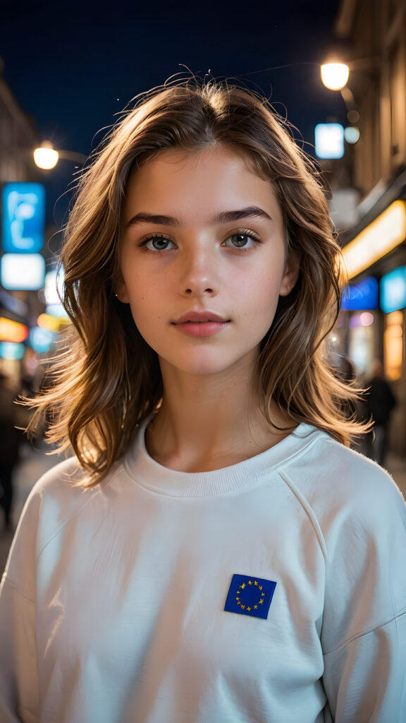 a (((professional ultra high resolution photograph))) capturing a (((beautiful young Europe teen girl, 13 years old))) with a sleek, ((straight, mid-length hair style)) that softly curls around her face, and ((realistic looking eyes)) that give off a (bright, warm glow). She's clad in a ((sexy plain white sweatshirt)) that perfectly complements her flawless skin. The setting is a (softly backlit) one that focuses on her face, with the light shining out from behind her. The overall atmosphere is both whimsically detailed and highly detailed, evoking an (ultra realistic, cinematic aesthetic) that is both (softly detailed and vividly colorful).