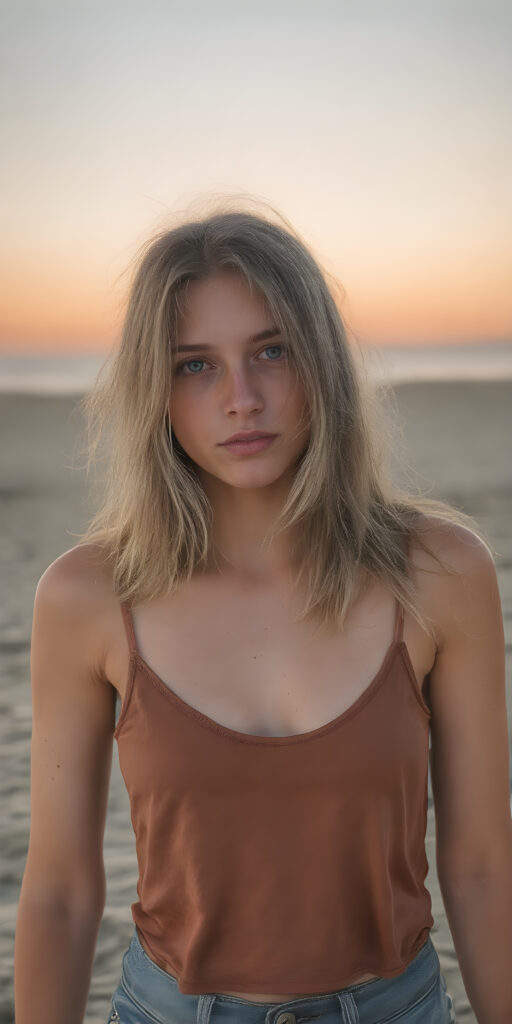 a (((professional ultra high resolution photograph))) capturing a (((vividly drawn soft hazelnut blonde teen emo girl))) with ((long, straight shoulder-length hair)) that gently frames her face, contrasting against her naturalistic freckles and delicate ((softly glowing skin)), accessorized with a sleek and minimalist ((brown silk tank top)) that emphasizes her youthful energy, paired with jean shorts and (holographic) sandal highlights, posed in a (((full-body shot))) with a playful glow to her sun-kissed complexion, accompanied by a (sunrise backdrop) on a (lonely beach), illustrating a youthful summer day in a dreamy, (hyper-realistic) setting