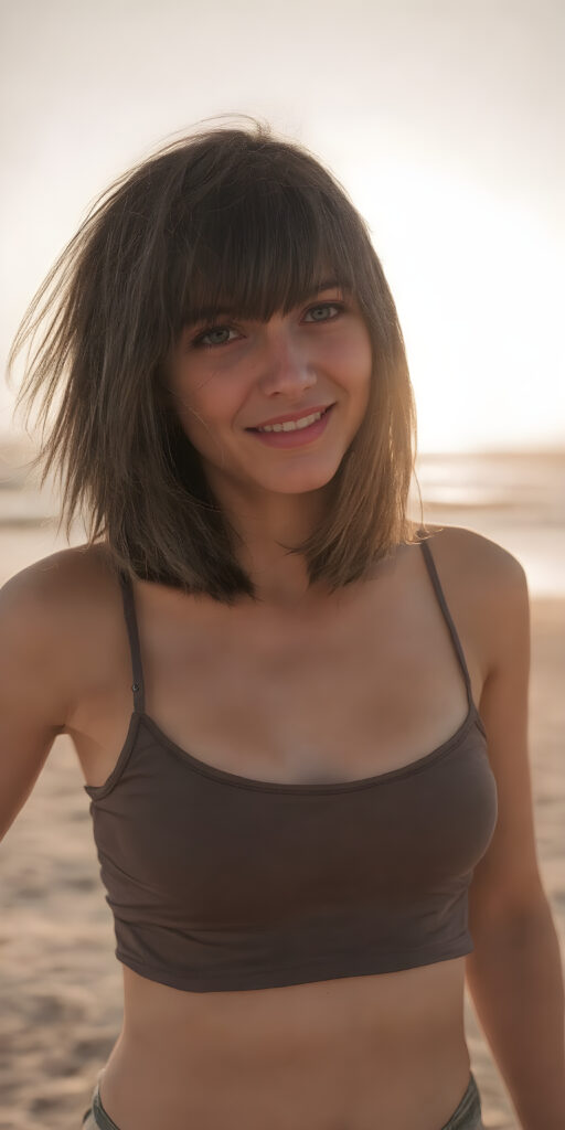 a (((professional high-resolution black and white photograph))), capturing a (((teen emo girl))) with straight soft black shoulder-length hair framing her face in gentle bangs, standing on a (((lonely beach))) as the sun rises behind her, creating a warm glow that casts a soft light on her and the surrounding landscape. Her attire is a ((thin tank top)) with soft, ((Black leather shorts)), showcasing her full body elegantly and emphasizing her ((skinny, yet muscular and lean figure)) in a ((vibrant, happy and animated pose)) with her ((cheerful smile)) and ((slightly windblown hair)), under a ((low-key, vibrant and cinematic lighting concept))