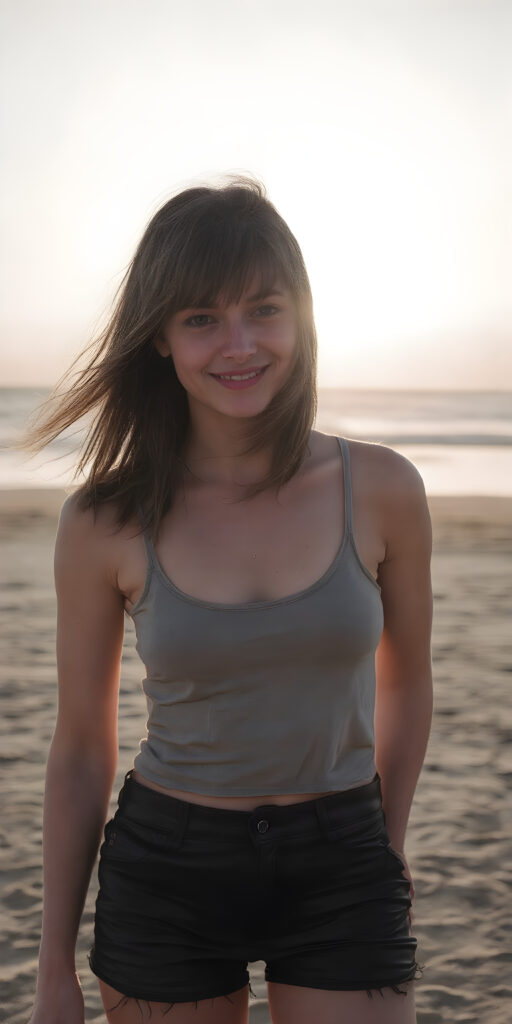 a (((professional high-resolution black and white photograph))), capturing a (((teen emo girl))) with straight soft black shoulder-length hair framing her face in gentle bangs, standing on a (((lonely beach))) as the sun rises behind her, creating a warm glow that casts a soft light on her and the surrounding landscape. Her attire is a ((thin tank top)) with soft, ((Black leather shorts)), showcasing her full body elegantly and emphasizing her ((skinny, yet muscular and lean figure)) in a ((vibrant, happy and animated pose)) with her ((cheerful smile)) and ((slightly windblown hair)), under a ((low-key, vibrant and cinematic lighting concept))