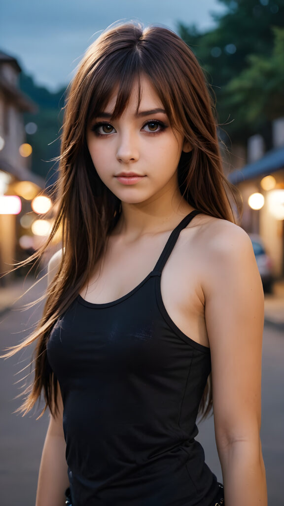 a (((professional photograph))) capturing a ((( teenage emo girl))) with complex (((long, soft brown straight hair))), which falls gracefully around her face, ((wears a black tight short no printed tank top)), framing features like (amber eyes), the scene is softly backlit with (indigo and violet light) that illuminate the (meticulously detailed) surroundings, (ethereal, misty backdrop)