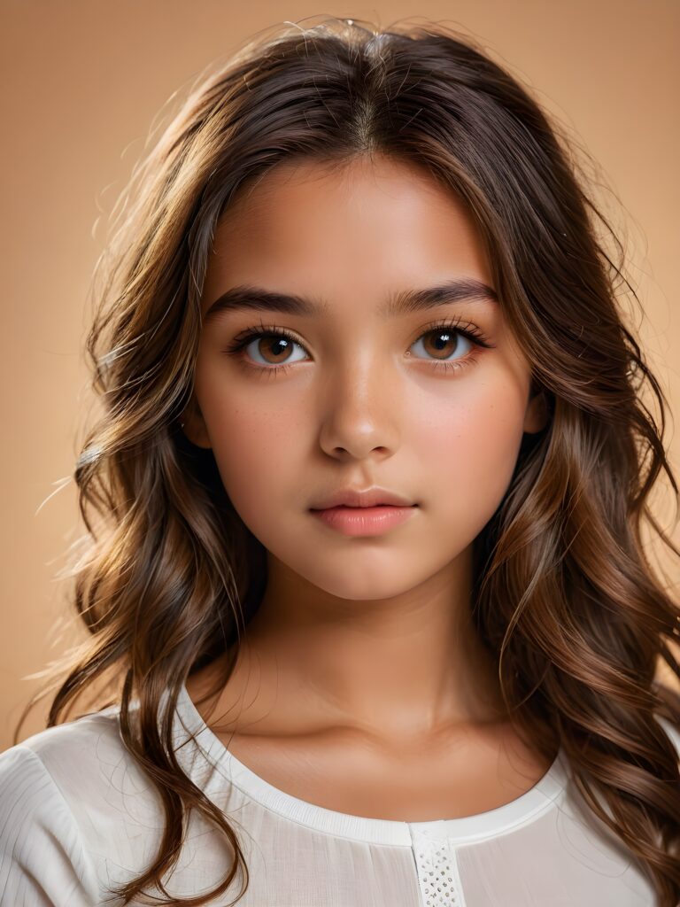 a (((professional photograph))) featuring a tanned young girl with a (serious expression) around her eyes, long wavy brown hair, with a focus on ultra-high detail and a dimmed, diffused light source that highlights her features while casting a soft, warm glow across the scene