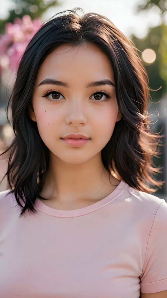 a (((professional photograph))) showcasing a beautiful young girl with sleek, soft, slightly curled black hair framing her face, the lips are full and painted in a light shade of pink, she wears a short tight black T-shirt, which accentuates her (round) figure, enjoying the scene