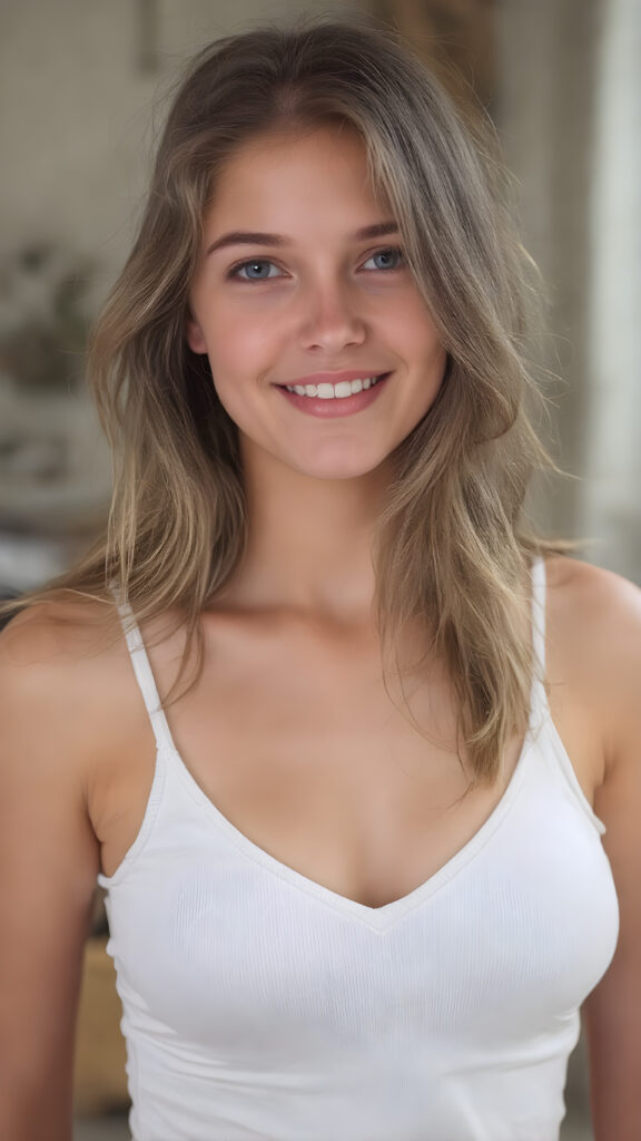 a (((professional photograph))) depicting a beautiful, cute, innocent and shy ((young well busty girl))) with soft long wavy hair, perfect realistic detailed angelic round face, upper-body, (((perfect curved and toned thighs))), white tank top, deep v-neck, ((highly detailed, high resolution, full quality image)), that exudes a sense of pure perfection. Her smile is bright and natural looking. The background is a cozy, warm and inviting living room.