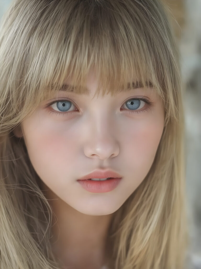 a (((professional photograph))) in a (((highly detailed ultra realistic side view))), with a (((Japanese teen girl))) who has (((long, incredibly soft and flowing straight blond hair))), bangs and (((brightly shining, deeply set blue eyes))), as she gently gazes into the camera. Her face exudes an air of (astonishment) at the camera’s focus, which captures her perfectly serene yet inviting features. Her (((full red lips))) are softly painted in a (((trending shade of pink))), providing a breathtakingly realistic portrait that embodies the essence of a (((high-resolution masterpiece))). Perfect anatomy. Perfect light. Sunny. Warm colors. Soft shadows.