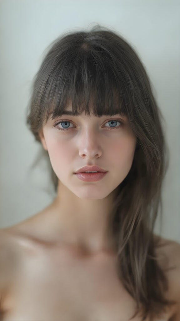 a (((professional realistic photo))) featuring a (((beautiful teenage model))) with flowing, black hair and (((pale skin))), dressed in a ((classic, high-necked white tube top)), creating a sense of mystery and sophistication. Her expression is perfectly captured, with her lips in a (((natural, symmetric pose))), and her eyes are (((focusedly on the camera))). The overall aesthetic is (((super high quality))), evoking a sense of a (modern classic) that combines beauty and realism. She has a long, symmetric hair style that emphasizes her face's beauty. The hair is shiny and soft and gives off a gentle glow, enhancing her overall appearance.