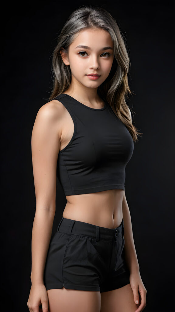 a (((realistic and detailed portrait))) of a stunning young top model teen girl, dressed in a sleek crop top that showcases her perfectly curved body with short pants and long, flowing grey hair framing an angelically round face, cast against a (((softly shadowed black backdrop))), highlighting every exquisite detail