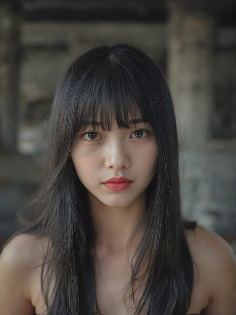 a (((realistic photograph))), vividly contrasted by splashes of (((red lip color))), representing a (((full-body capture))) of a (((beautiful young Asian girl, long black hair, bangs cut))) with an (((ultra realistic, intricate details))) that defy the laws of physics, with a (((dynamic advanced lighting system))) that brings out the extreme details, composited against a (((natural, grainy backdrop))), emulating a hyper-realistic, advanced photography