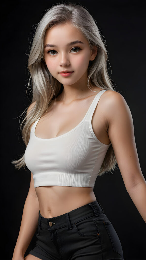 a (((realistic and detailed portrait))) of a stunning teen girl, 15 years old, dressed in a white sleek crop top that showcases her perfectly curved body with grey short pants and long, straight white hair framing an angelically round face, cast against a (((softly shadowed black backdrop))), highlighting every exquisite detail