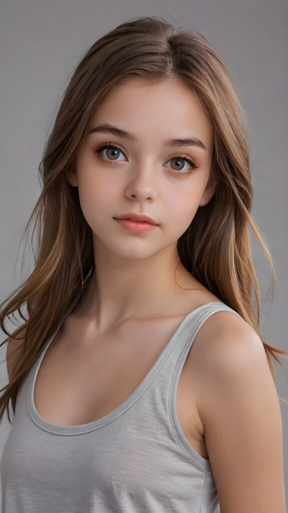 a (((realistic cute teen girl))), with straight soft long light brown hair, (full lips), and ((big amber eyes, round face)) that exude innocence, paired with a (short cropped tank top) that emphasizes her perfect body, (perfect skin), her figure is so perfectly proportioned that it defies reality, (((against a light grey backdrop))) ((upper body portrait))