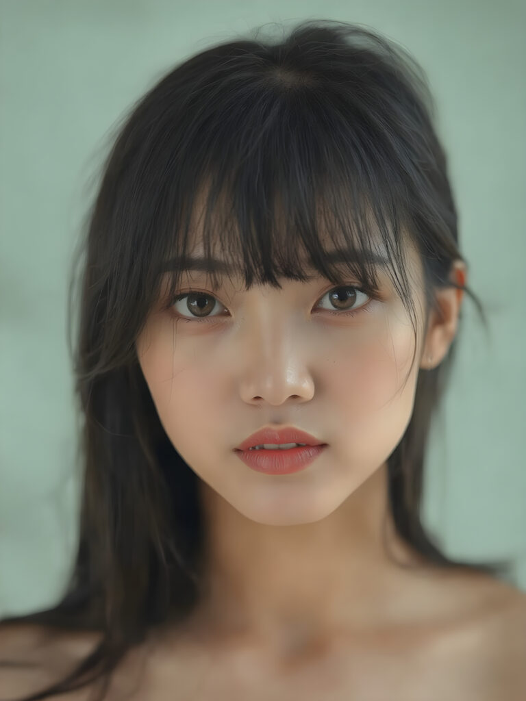 a (((realistic photograph))), vividly contrasted by splashes of (((red lip color))), representing a (((full-body capture))) of a (((beautiful young Asian girl, long black hair, bangs cut))) with an (((ultra realistic, intricate details))) that defy the laws of physics, with a (((dynamic advanced lighting system))) that brings out the extreme details, composited against a (((natural, grainy backdrop))), emulating a hyper-realistic, advanced photography