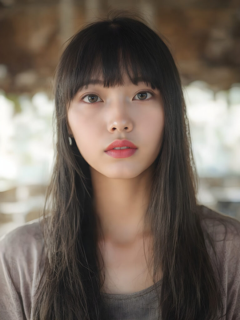 a (((realistic photograph))), vividly contrasted by splashes of (((red lip color))), representing a (((full-body capture))) of a (((beautiful young Asian girl, long black hair, bangs cut))) with an (((ultra realistic, intricate details))) that defy the laws of physics, with a (((dynamic advanced lighting system))) that brings out the extreme details, composited against a (((natural, grainy backdrop))), emulating a hyper-realistic, advanced photography