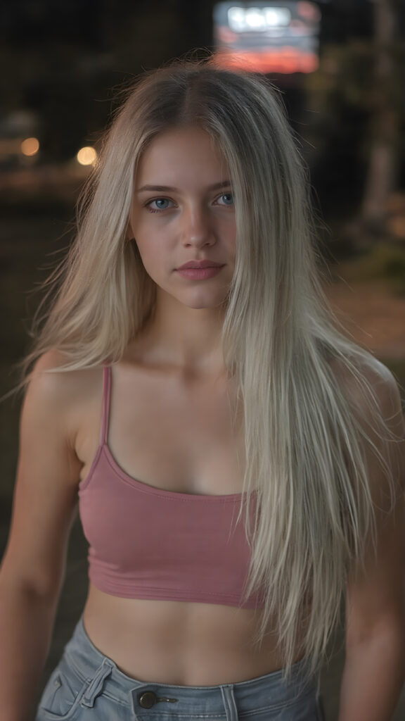 a (((realistic and detailed portrait))) of a 14-year-old silver-skinned teen girl, a perfect curves-fitting body, (((short pants))) and ((super short crop tank top)), an angelic (((round face))), (((soft long straight white hair, her hair reaches down to her waist))), and an (((nightly landscape))) as a (side view)