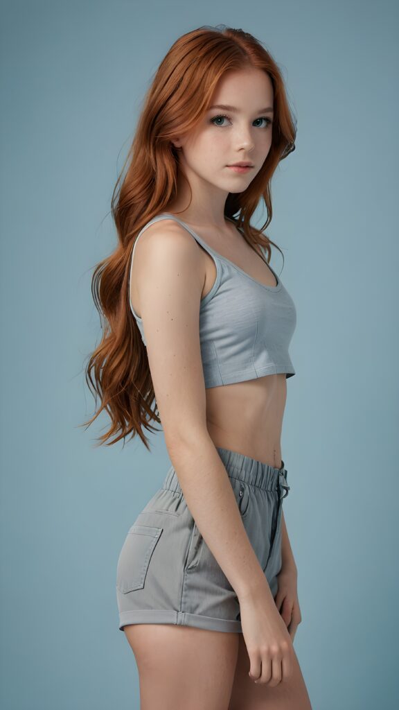 a (((realistic photo))) showcasing a (((beautiful young girl, 15 years old))), with meticulously drawn long, straight auburn red (((soft hair))), and a sleekly perfect curved and detailed figure in a (((short, grey crop top))), paired with a (short pants) ((light blue backdrop)) ((side view))