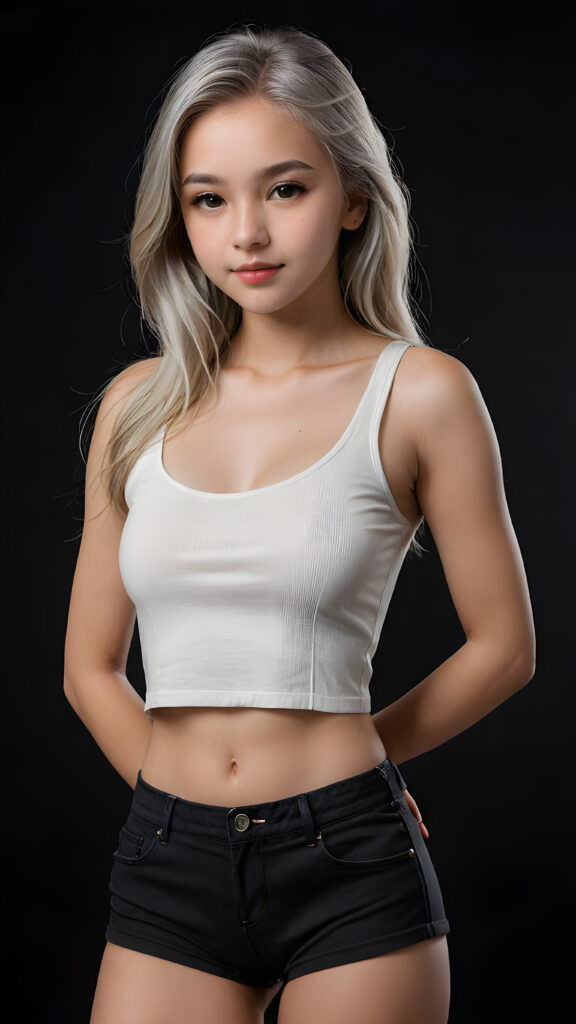 a (((realistic and detailed portrait))) of a stunning teen girl, 15 years old, dressed in a white sleek crop top that showcases her perfectly curved body with grey short pants and long, straight white hair framing an angelically round face, cast against a (((softly shadowed black backdrop))), highlighting every exquisite detail