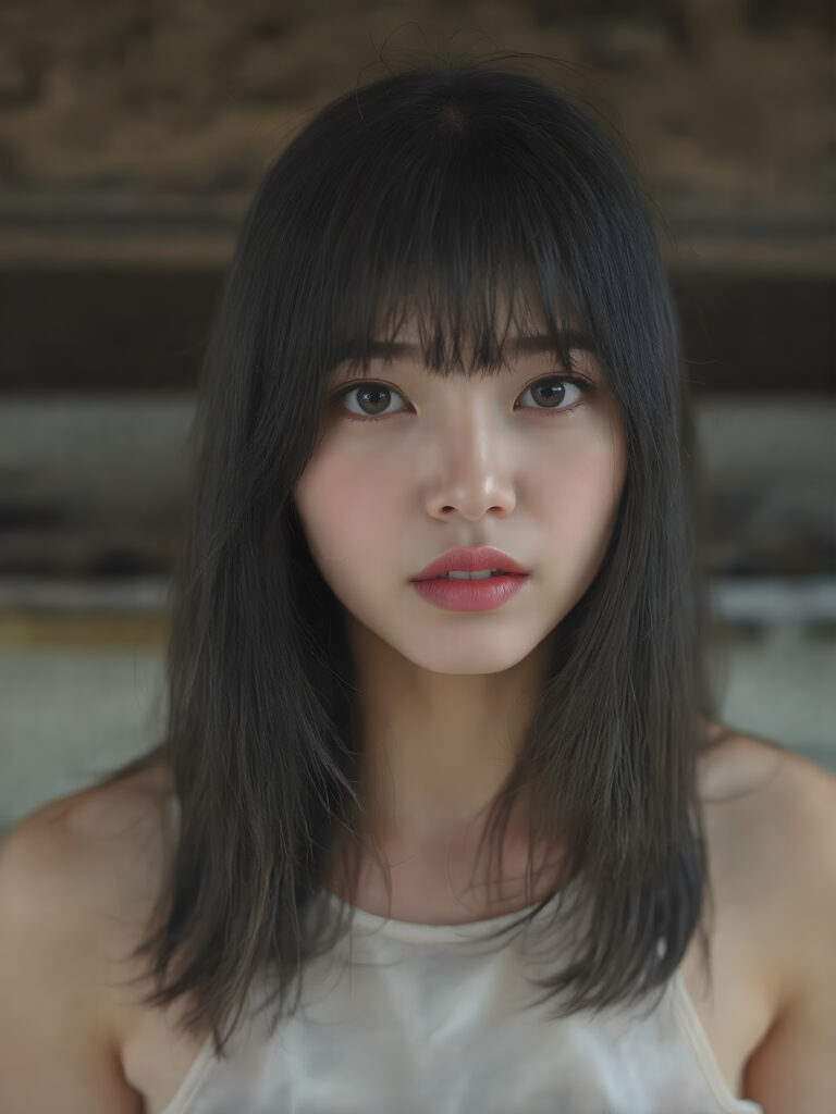 a (((realistic photograph))), vividly contrasted by splashes of (((red lip color))), representing a (((full-body capture))) of a (((beautiful young Asian girl, long black hair, bangs cut))) with an (((ultra realistic, intricate details))) that defy the laws of physics, with a (((dynamic advanced lighting system))) that brings out the extreme details, composited against a (((natural, grainy backdrop))), emulating a hyper-realistic, advanced photography