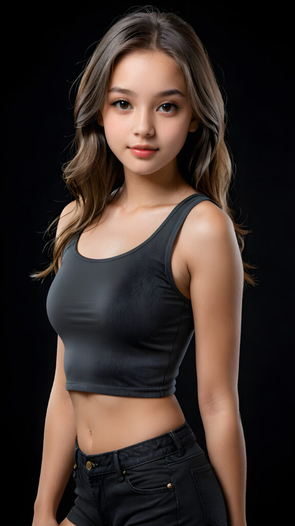 a (((realistic and detailed portrait))) of a beautiful young top model teen girl in a sleek crop tank top, showcasing a perfect, curves-fitting body, with short pants and an angelic, round face, straight soft long kgrey hair ((black background)), perfect shadows and lights