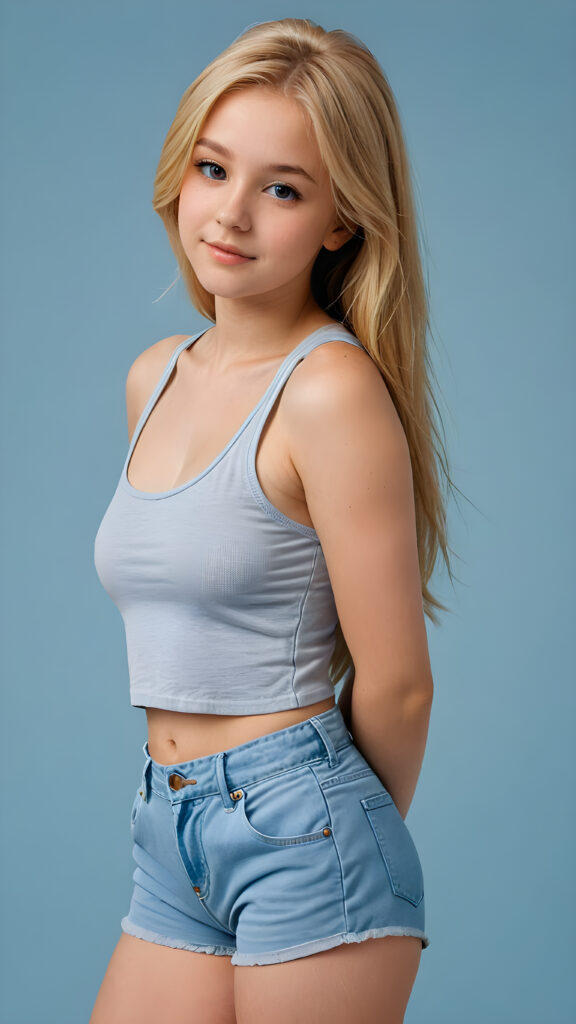 a (((realistic and detailed portrait))) of a 14-year-old white-skinned teen girl, a perfect curves-fitting body, (((short pants))) and ((grey super short crop tank top)), an angelic (((round face))), (((soft long straight sommer blond hair, her hair reaches down to her waist))), and an (((light blue background))) as a (side view)