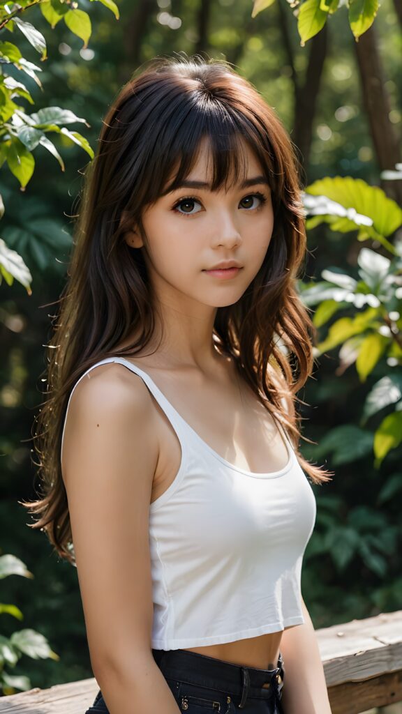 a (((realistic photograph))), capturing a (((ultra detailed dark brown long hair with cute bangs))), ((realistic brown eye)) looks sadly at the camera, (((natural spring backdrop))), ((profile view)) of a (((cute teenage model girl))), (((white crop tank top))), ((short black jeans))