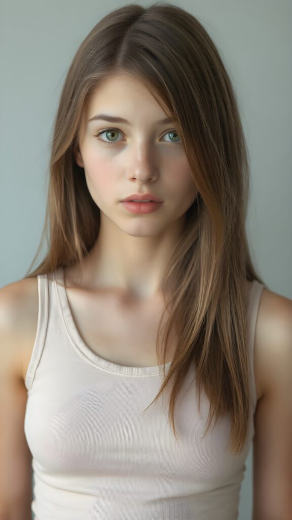 a (((realistic cute teen girl))), with straight soft long light brown hair, (full lips), and ((big amber eyes, round face)) that exude innocence, paired with a (short cropped tank top) that emphasizes her perfect body, (perfect skin), her figure is so perfectly proportioned that it defies reality, (((against a light grey backdrop))) ((upper body portrait))