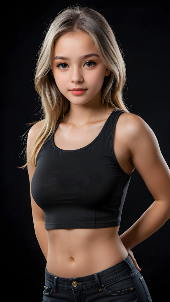 a (((realistic and detailed portrait))) of a beautiful young top model teen girl in a sleek crop tank top, showcasing a perfect, curves-fitting body, with short pants and an angelic, round face, straight soft long kgrey hair ((black background)), perfect shadows and lights