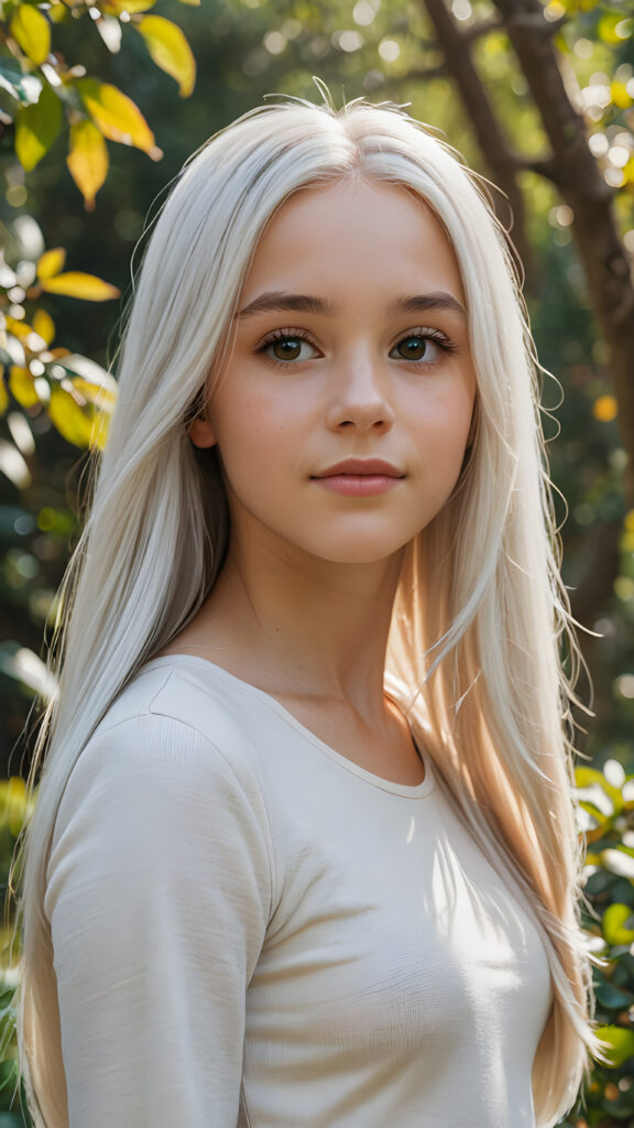 a (((realistic and detailed))) painting of a young (((beautiful teen girl with long soft straight white hair))), perfect curved body, engaged in a serene moment while standing through a sunny landscape full of vibrant foliage and a (softly detailed environment) ((stunning)) ((gorgeous))