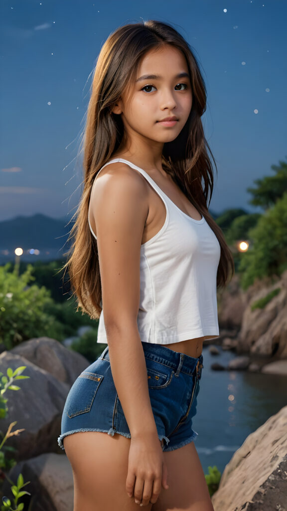 a (((realistic and detailed portrait))) of a 14-year-old brown-skinned teen girl, a perfect curves-fitting body, (((short pants))) and ((super short crop tank top)), an angelic (((round face))), (((soft long straight hair, her hair reaches down to her waist))), and an (((nightly landscape))) as a (side view)