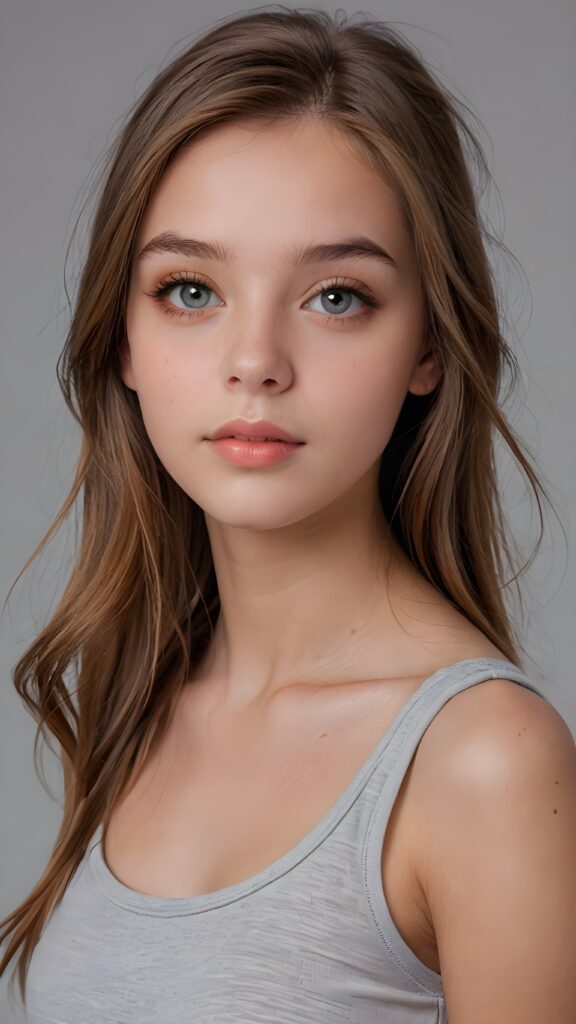 a (((realistic cute teen girl))), with straight soft long light brown hair, (full lips), and ((big amber eyes, round face)) that exude innocence, paired with a (short cropped tank top) that emphasizes her perfect body, (perfect skin), her figure is so perfectly proportioned that it defies reality, (((against a light grey backdrop))) ((upper body portrait))