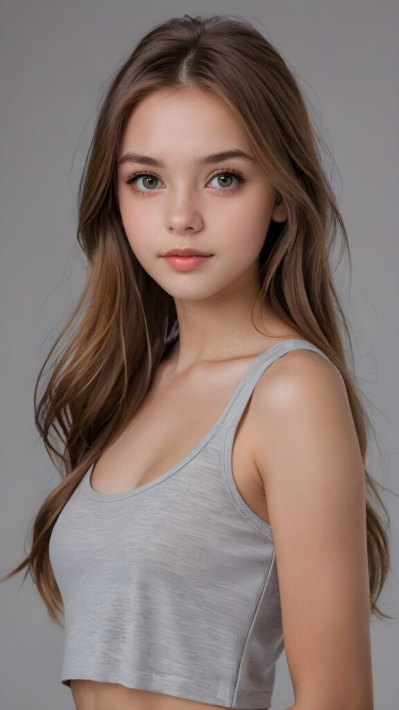 a (((realistic cute teen girl))), with straight soft long light brown hair, (full lips), and ((big amber eyes, round face)) that exude innocence, paired with a (short cropped tank top) that emphasizes her perfect body, (perfect skin), her figure is so perfectly proportioned that it defies reality, (((against a light grey backdrop))) ((upper body portrait))