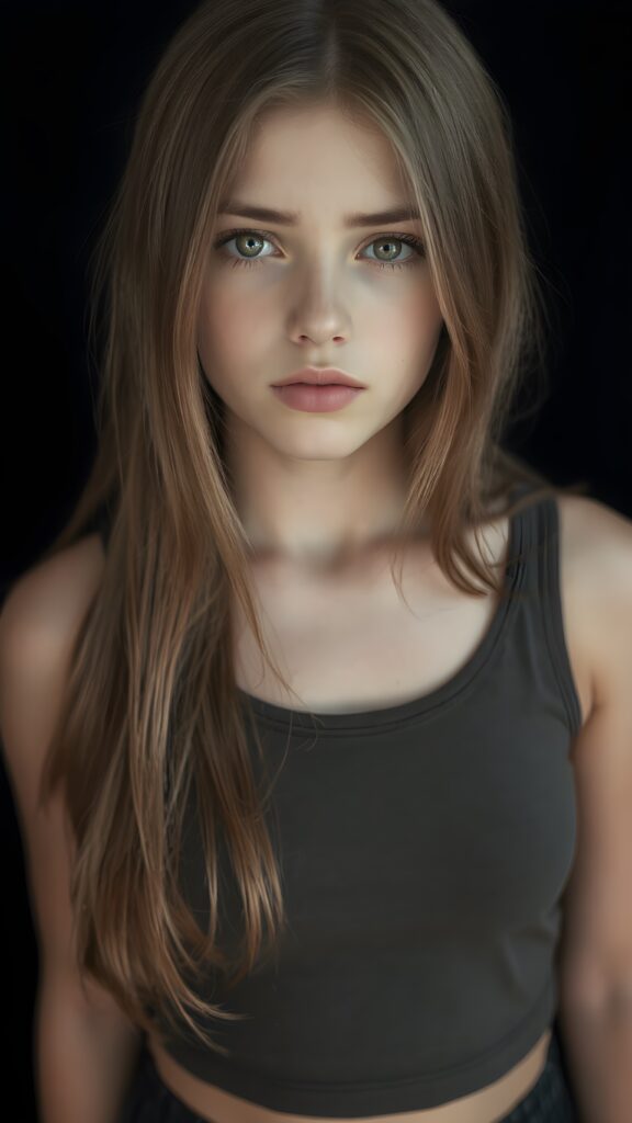 a (((realistic cute teen girl))), with straight soft long light brown hair, (full lips), and ((big amber eyes, round face)) that exude innocence, paired with a (short cropped tank top) that emphasizes her perfect body, (perfect skin), her figure is so perfectly proportioned that it defies reality, (((against a black backdrop))) ((upper body portrait))