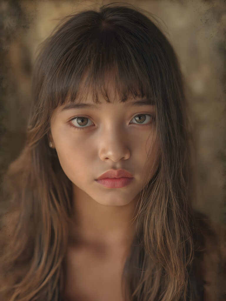 a (((realistic old photograph))), vividly contrasted by splashes of (((red lip color))), representing a (((full-body capture))) of a (((beautiful young Indonesian girl, long soft hair, bangs cut))) with an (((ultra realistic, intricate details))) that defy the laws of physics, with a (((dynamic advanced lighting system))) that brings out the extreme details, composited against a (((natural, grainy backdrop))), emulating a hyper-realistic, advanced photography, exotic style