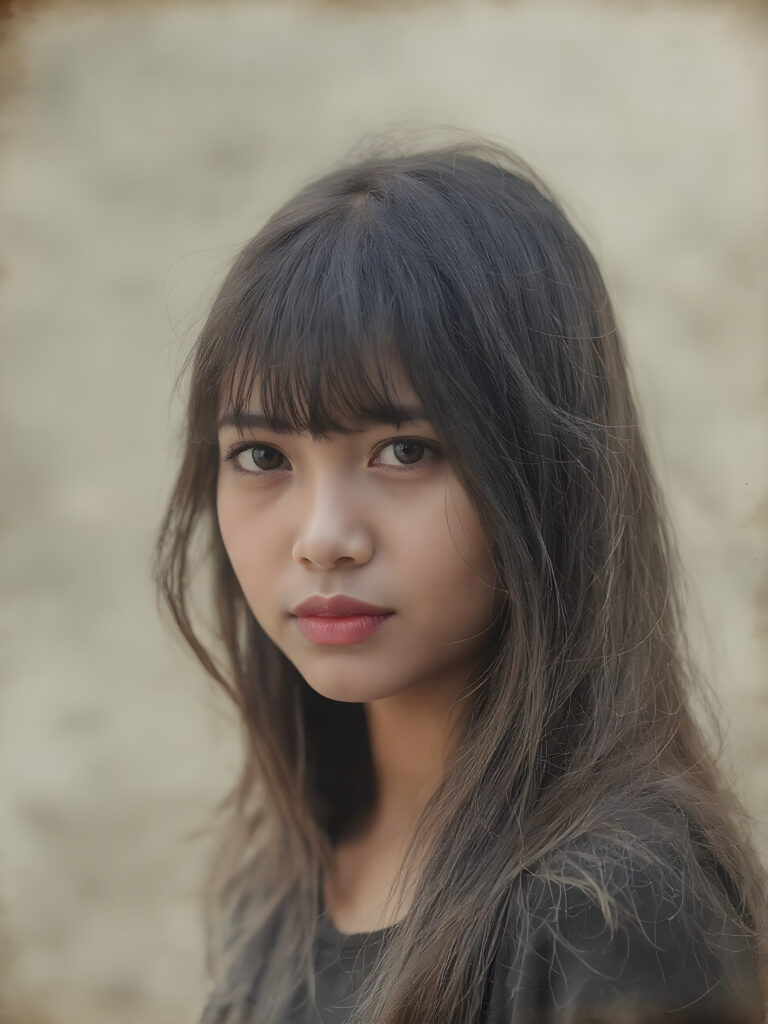 a (((realistic old photograph))), vividly contrasted by splashes of (((red lip color))), representing a (((full-body capture))) of a (((beautiful young Indonesian girl, long soft hair, bangs cut))) with an (((ultra realistic, intricate details))) that defy the laws of physics, with a (((dynamic advanced lighting system))) that brings out the extreme details, composited against a (((natural, grainy backdrop))), emulating a hyper-realistic, advanced photography, exotic style