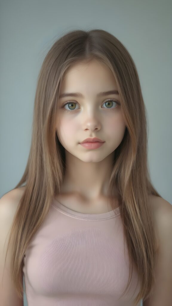 a (((realistic cute teen girl))), with straight soft long light brown hair, (full lips), and ((big amber eyes, round face)) that exude innocence, paired with a (short cropped tank top) that emphasizes her perfect body, (perfect skin), her figure is so perfectly proportioned that it defies reality, (((against a light grey backdrop))) ((upper body portrait))