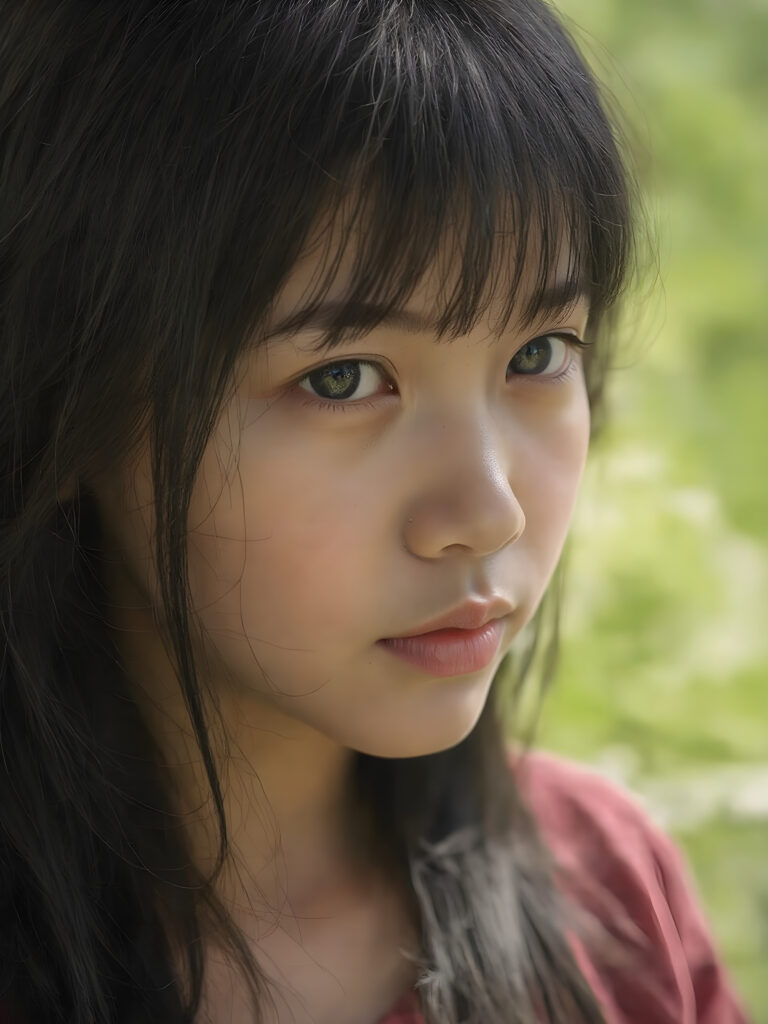 a (((realistic old close up photo))), representing a (((beautiful young Vietnamese girl, long soft obsidian black hair, bangs cut))), round face, with an (((ultra realistic, intricate details))) that defy the laws of physics, with a (((dynamic advanced lighting system))) that brings out the extreme details, composited against a (((natural, sunny green backdrop))), emulating a hyper-realistic, advanced photography