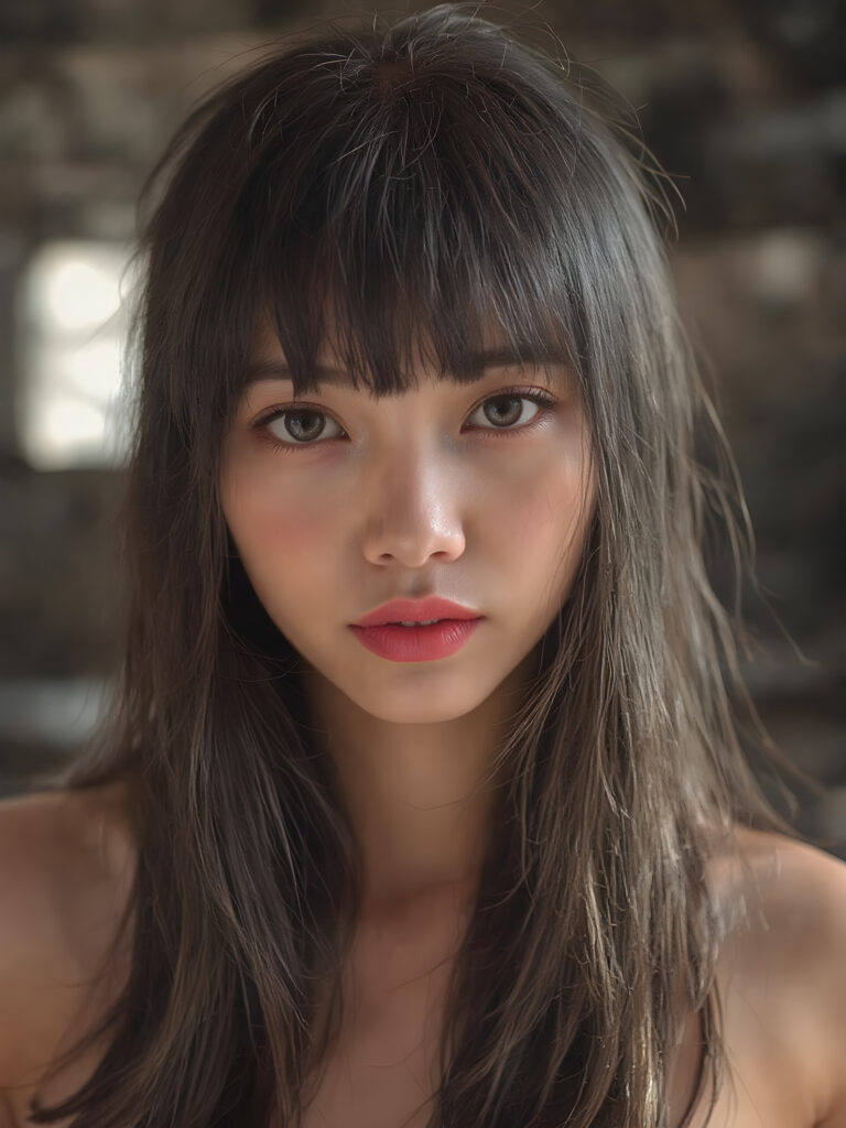 a (((realistic photograph))), vividly contrasted by splashes of (((red lip color))), representing a (((full-body capture))) of a (((beautiful young Asian girl, long black hair, bangs cut))) with an (((ultra realistic, intricate details))) that defy the laws of physics, with a (((dynamic advanced lighting system))) that brings out the extreme details, composited against a (((natural, grainy backdrop))), emulating a hyper-realistic, advanced photography