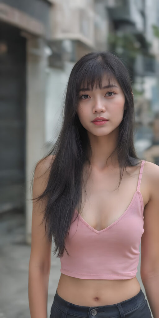 a realistic (((beautiful young well busty Asian teenage dream girl, perfect curved body))), with flowing, (((soft long straight black soft hair, bangs))). She is dressed in a sleek, (cropped tank top, deep v-neck), photograph, stands in the street