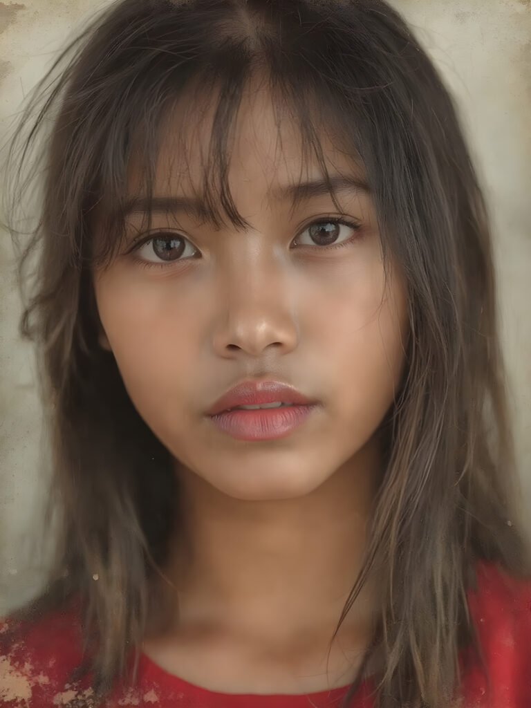 a (((realistic old photograph))), vividly contrasted by splashes of (((red lip color))), representing a (((full-body capture))) of a (((beautiful young Indonesian girl, long soft hair, bangs cut))) with an (((ultra realistic, intricate details))) that defy the laws of physics, with a (((dynamic advanced lighting system))) that brings out the extreme details, composited against a (((natural, grainy backdrop))), emulating a hyper-realistic, advanced photography, exotic style