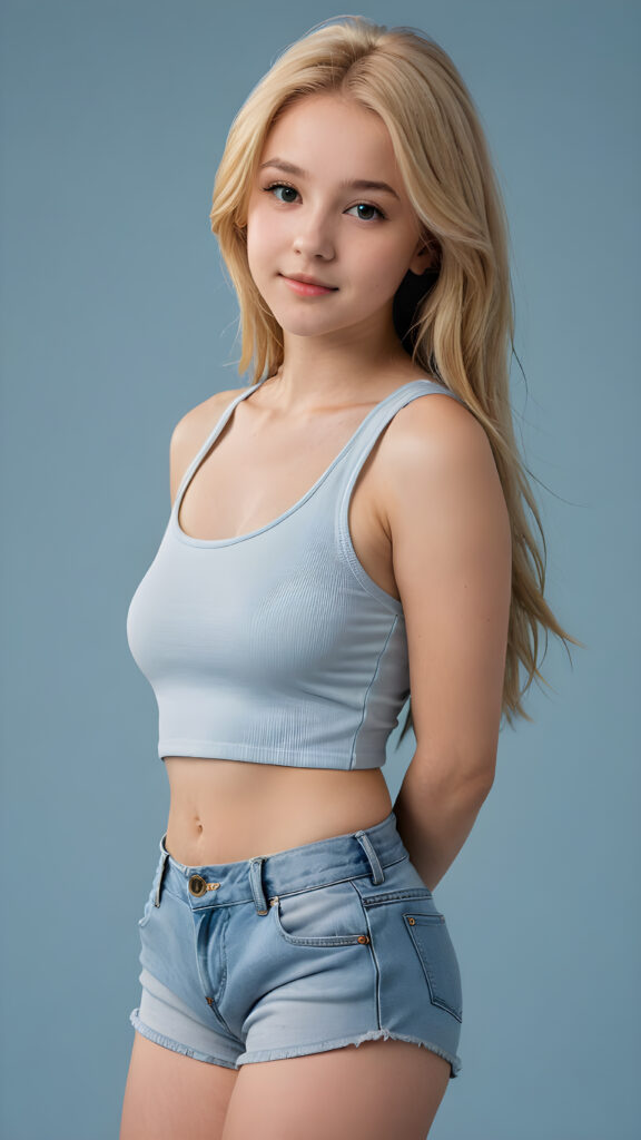 a (((realistic and detailed portrait))) of a 14-year-old white-skinned teen girl, a perfect curves-fitting body, (((short pants))) and ((grey super short crop tank top)), an angelic (((round face))), (((soft long straight sommer blond hair, her hair reaches down to her waist))), and an (((light blue background))) as a (side view)