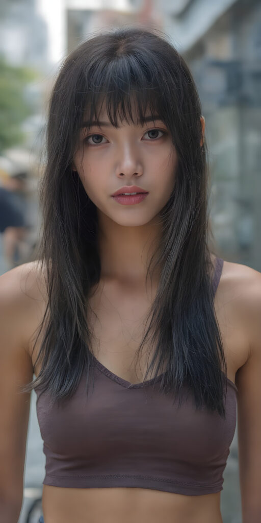 a realistic (((beautiful young well busty Asian teenage dream girl, perfect curved body))), with flowing, (((soft long straight black soft hair, bangs))). She is dressed in a sleek, (cropped tank top, deep v-neck), photograph, stands in the street